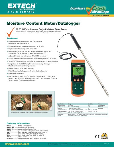 EXTECH SDL550 ................Moisture Content Meter SDL550-NIST ........SDL550 with NIST Certificate SDL550-TF ............Replacement Steel Tip with Filter 872502..................Type J Bead Wire P - cover page