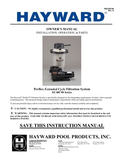 Hayward Perflex EC40C90 Series Extended Cycle Filtration System Owner's Manual