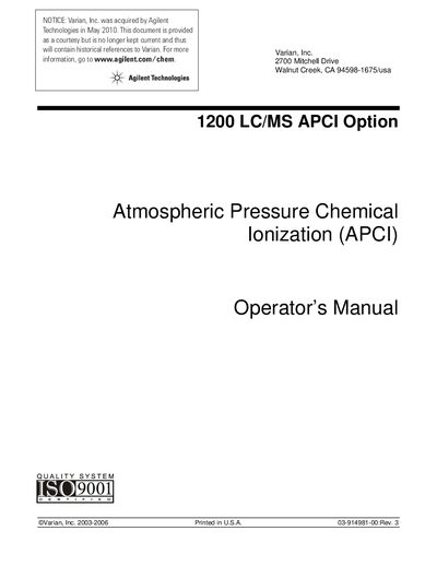 Agilent 1200 LC/MS APCI Operator's Manual