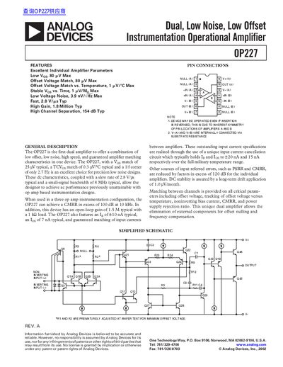 Analog Devices OP227 Dual Low Noise Instrumentation Operational Amplifier Datasheet - cover page