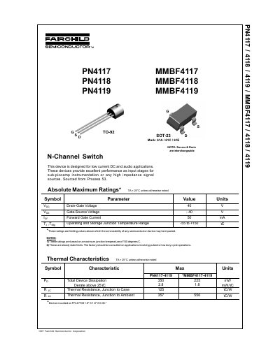 FAIRCHILD PN4117/PN4118/PN4119/MMBF4117/MMBF4118/MMBF4119 N-Channel Switch handbook - cover page