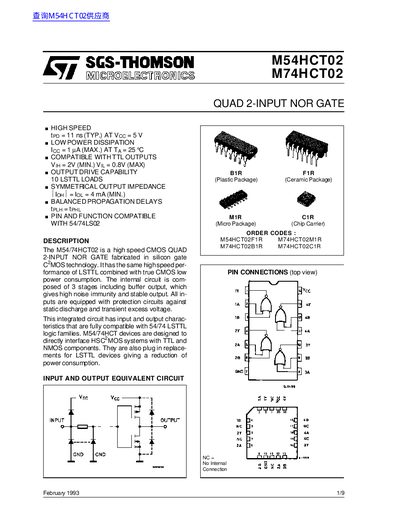 SGS-THOMSON M54HCT02 / M74HCT02 Quad 2-Input NOR Gate Datasheet - cover page