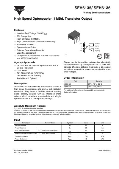 Vishay SFH6135/SFH6136 High Speed Optocoupler Datasheet - cover page