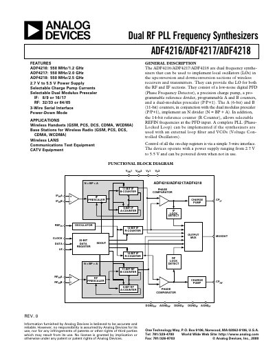 Analog Devices ADF4216/ADF4217/ADF4218 Dual RF PLL Frequency Synthesizers Datasheet