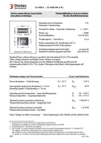 Diotec Z2SMB 200 Zener Diode Datasheet - cover page