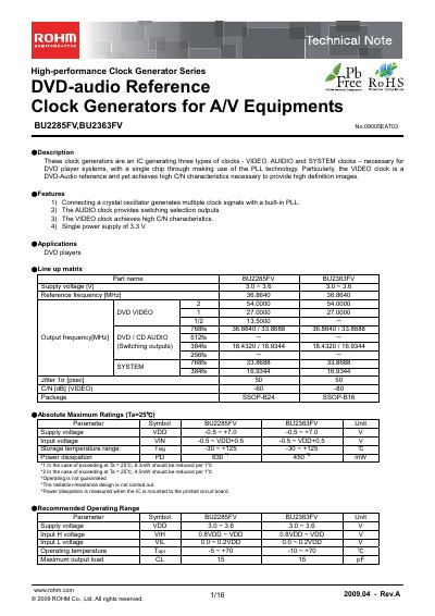 ROHM BU2285FV Clock Generator Datasheet - cover page