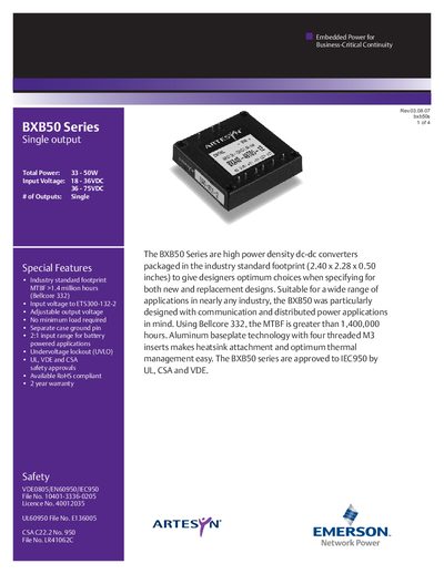 Emerson BXB50 Series Single Output Datasheet - cover page