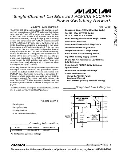 Maxim MAX1602 Single-Channel CardBus and PCMCIA Power‑Switching Network Datasheet - cover page