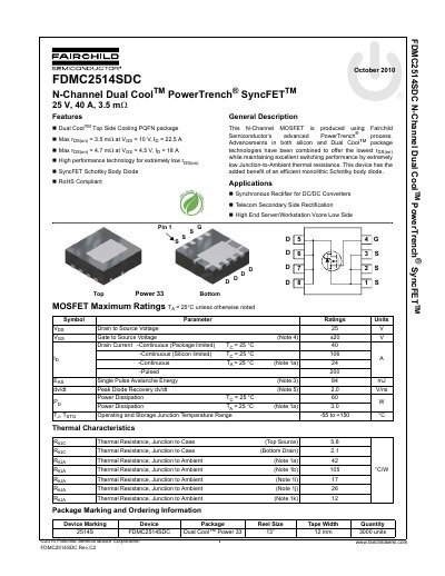 Fairchild Semiconductor FDMC2514SDC N-Channel Dual Cool PowerTrench SyncFET Datasheet - cover page