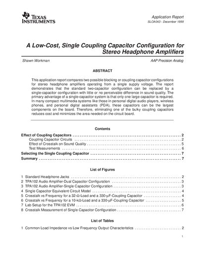 Texas Instruments TPA102 Low-Cost Single Coupling Capacitor Configuration for Stereo Headphone Amplifiers - cover page