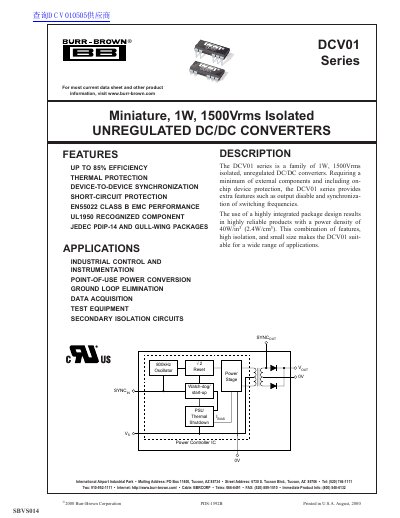 BB DCV01 series Miniature 1W 1500Vrms Isolated UNREGULATED DC/DC CONVERTERS handbook(1) - cover page