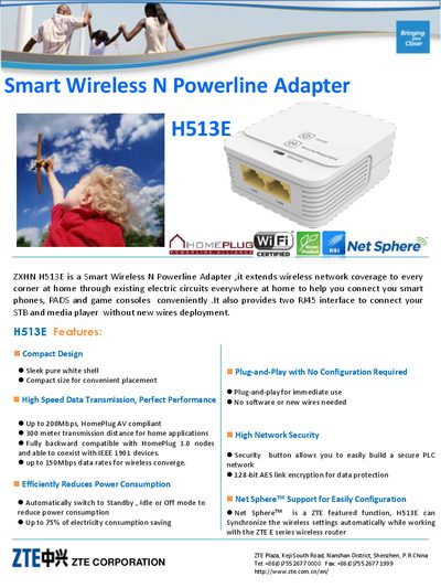 ZTE H513E Smart Wireless N Powerline Adapter Product Leaflet - cover page