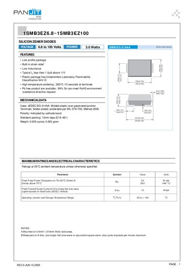PANJIT 1SMB3EZ6.8~1SMB3EZ100 Silicon Zener Diodes Datasheet - cover page