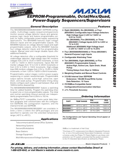 Maxim Integrated Products MAX6889/MAX6890/MAX6891 Power-Supply Sequencers/Supervisors Datasheet - cover page