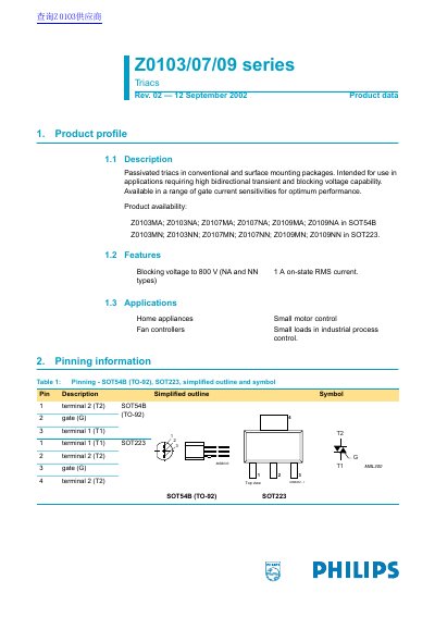 Philips Z0103/07/09 Series Triacs Product Data - cover page