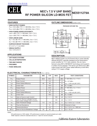 CEL NE5511279A RF Power Silicon LD-MOS FET Datasheet - cover page