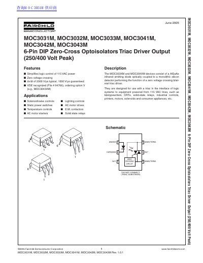FAIRCHILD MOC3031M MOC3032M MOC3033M MOC3041M MOC3042M MOC3043M 6-Pin DIP Zero-Cross Optoisolators Triac Driver Output handbook