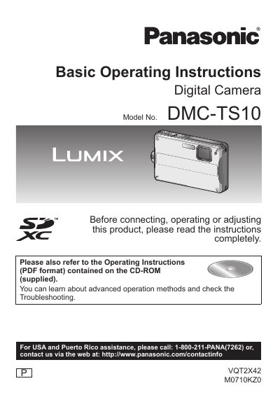 Panasonic DMC-TS10 Digital Camera Operating Instructions - cover page