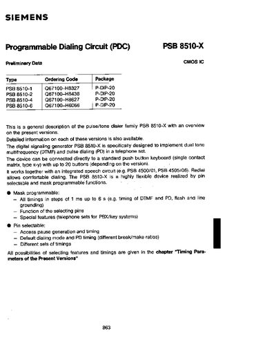 Siemens PSB 8510-X Programmable Dialing Circuit Datasheet - cover page