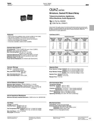 Tyco OUAZ Series Miniature Sealed PC Board Relay Product Leaflet - cover page