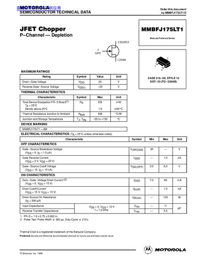 Motorola MMBFJ175LT1 JFET Chopper Datasheet - cover page