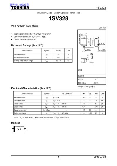 Toshiba 1SV328 VCO for UHF Band Radio Datasheet - cover page