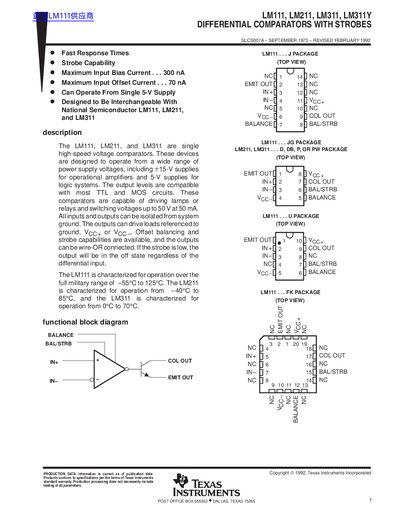 Texas Instruments LM111/LM211/LM311/LM311Y Differential Comparators with Strobes Datasheet - cover page