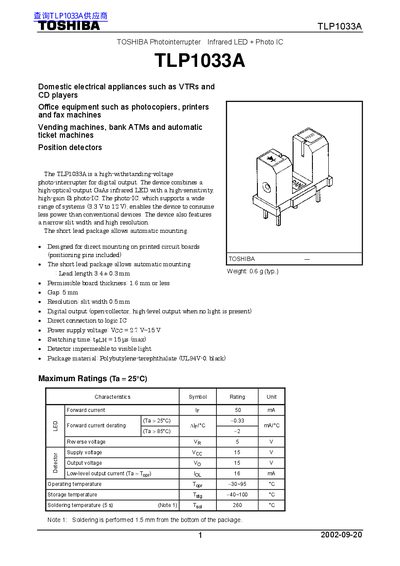 Toshiba TLP1033A Photointerrupter Infrared LED + Photo IC Datasheet
