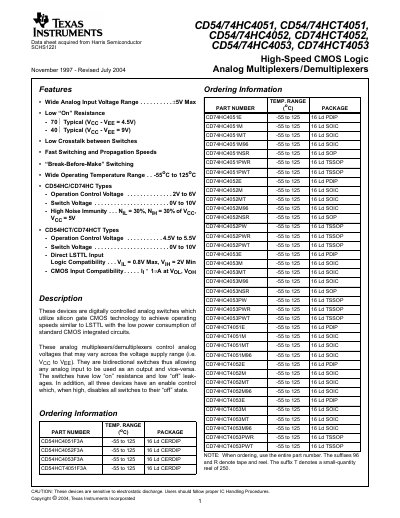 Texas Instruments CD54/74HC4051/4052/4053 Analog Multiplexer/Demultiplexer Datasheet - cover page