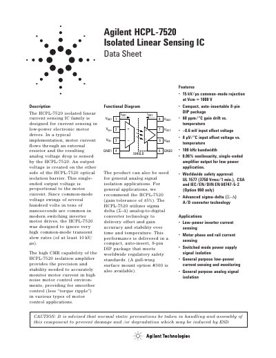 Agilent HCPL-7520 Isolated Linear Sensing IC Datasheet - cover page