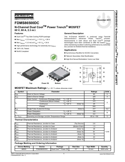 Fairchild FDMS86500DC N-Channel Dual Cool Power Trench MOSFET Datasheet - cover page