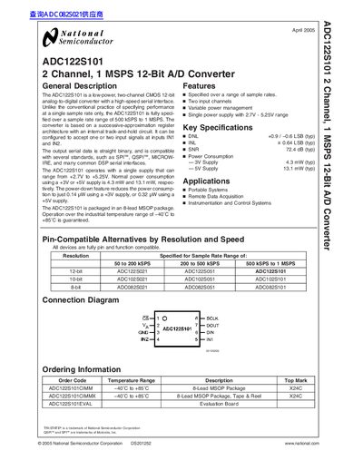 National Semiconductor ADC122S101 2 Channel 1 MSPS 12-Bit A/D Converter Datasheet - cover page