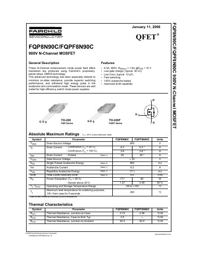 Fairchild FQP8N90C/FQPF8N90C 900V N-Channel MOSFET Datasheet - cover page