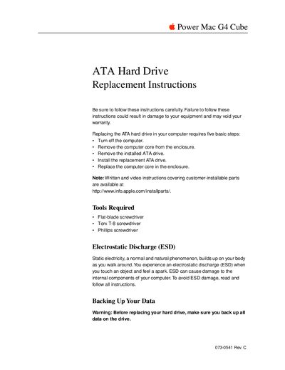 Apple Power Mac G4 Cube 073-0541 Rev. C ATA Hard Drive Replacement Instructions