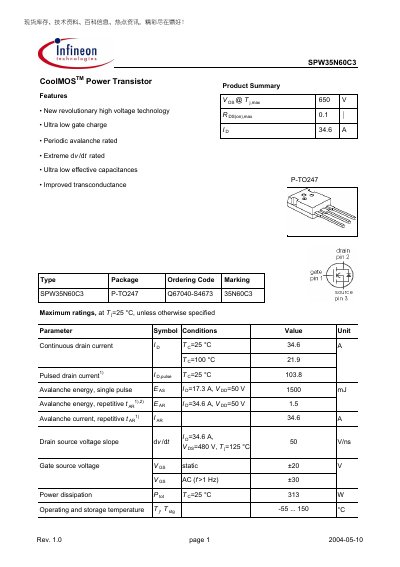 Infineon SPW35N60C3 CoolMOS Power Transistor Datasheet - cover page