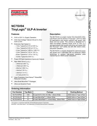 Fairchild NC7SV04 TinyLogic ULP-A Inverter Datasheet - cover page