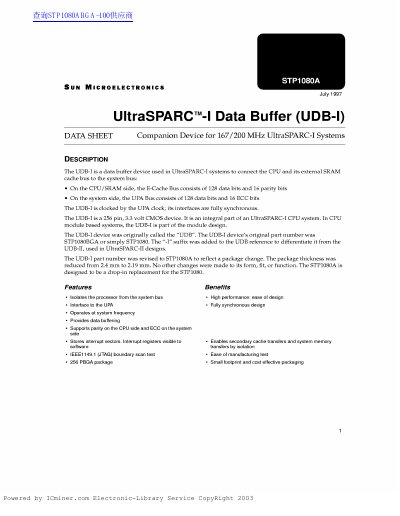 Sun Microsystems STP1080A UltraSPARC-I Data Buffer Datasheet - cover page