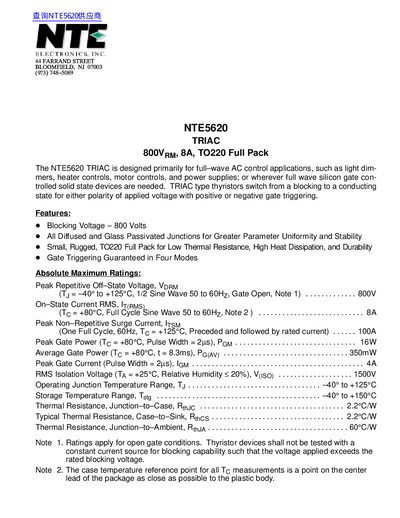 MTE NTE5620 TRIAC 800VRM 8A TO220  - cover page