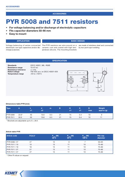 KEMET PYR 5008 & PYR 7511 Resistors Handbook - cover page