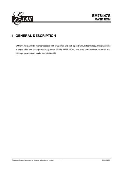 ELAN EM78447S Mask ROM Datasheet - cover page