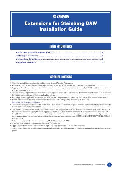 Yamaha Extensions for Steinberg DAW Owner's Manual - cover page