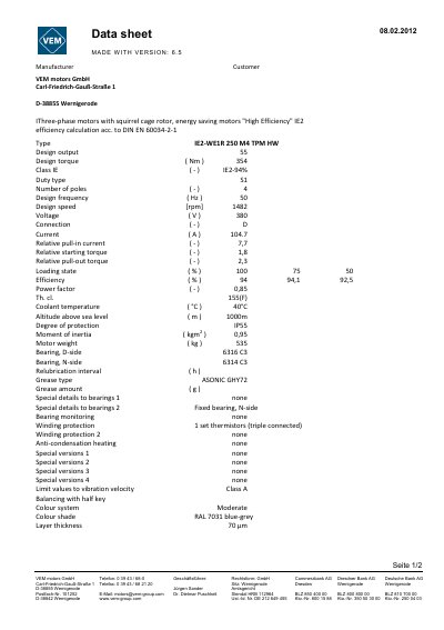 VEM IE2-WE1R 250 M4 TPM HW Three-Phase Motor Data Sheet - cover page
