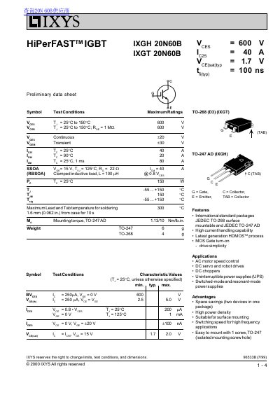 IXYS IXGH/IXGT 20N60B Preliminary Data Sheet - cover page