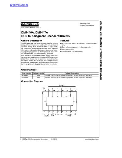 Fairchild DM7446A, DM7447A BCD to 7‑Segment Decoders/Drivers Datasheet - cover page