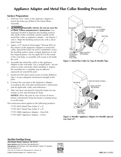 Sta-Rite Appliance Adapter and Metal Flue Collar Installation Guide - cover page