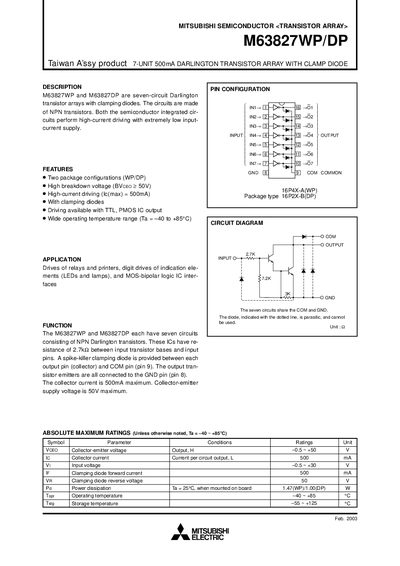 Mitsubishi M63827WP/DP Transistor Array Datasheet - cover page