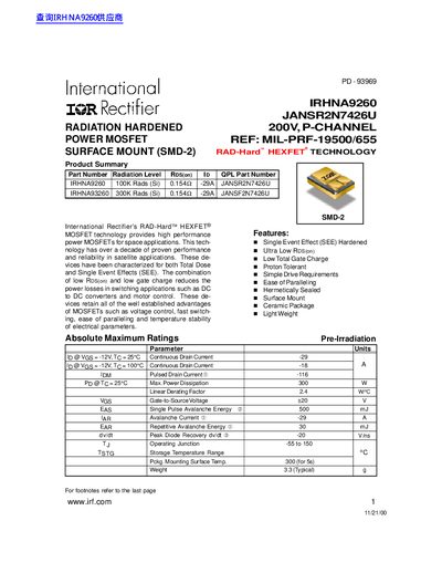 International Rectifier IRHNA9260 Radiation Hardened MOSFET Datasheet - cover page