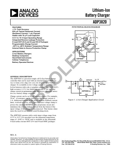 Analog Devices ADP3820 Lithium‑Ion Battery Charger Datasheet - cover page