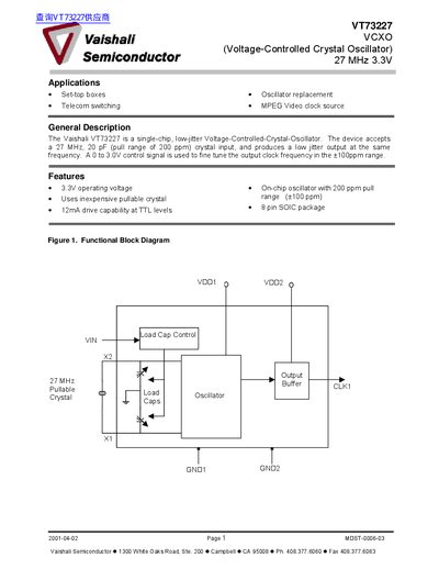 Vaishali VT73227 Voltage-Controlled Crystal Oscillator Datasheet - cover page