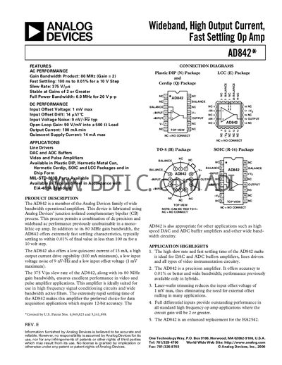 Analog Devices AD842 Operational Amplifier Datasheet - cover page